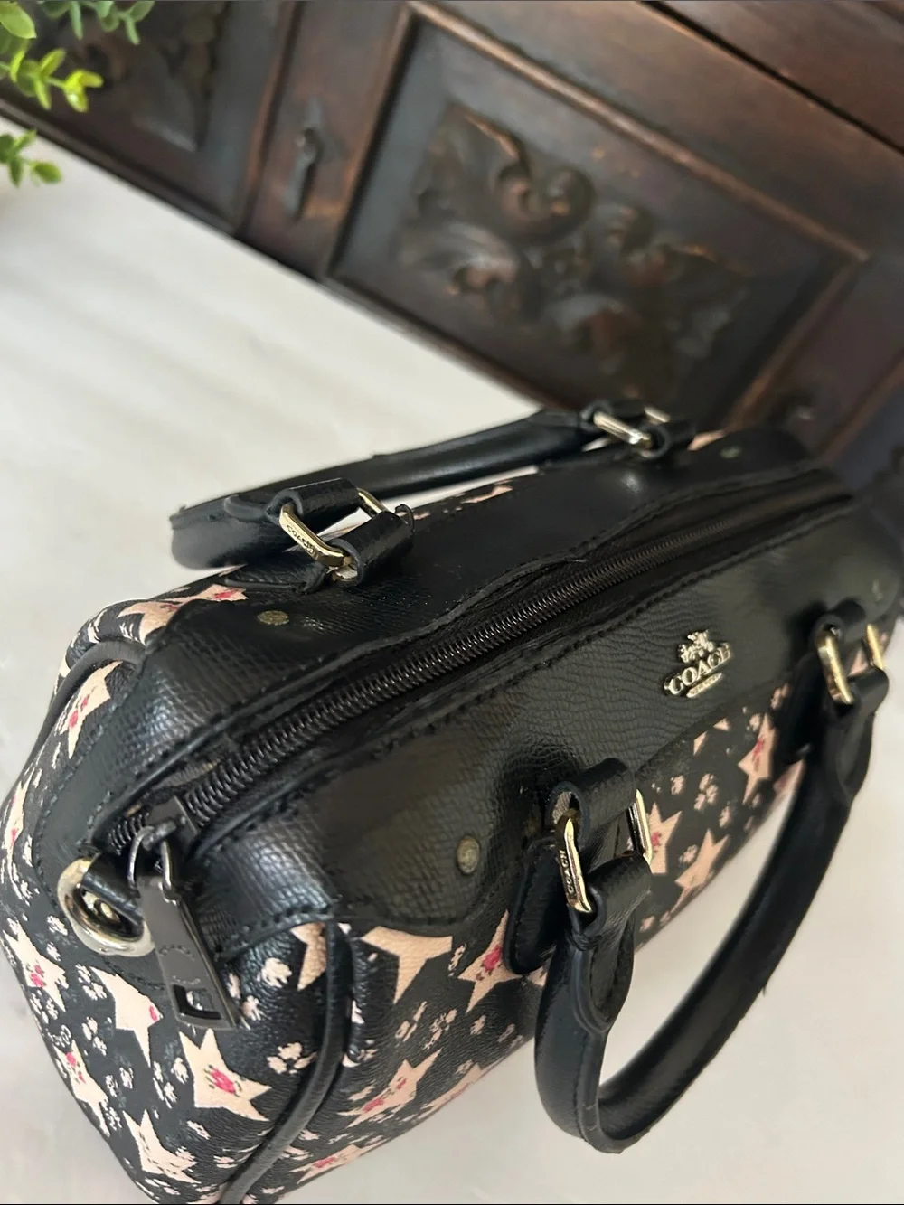 Coach Black Star-Print Mini Satchel with Pink Accents